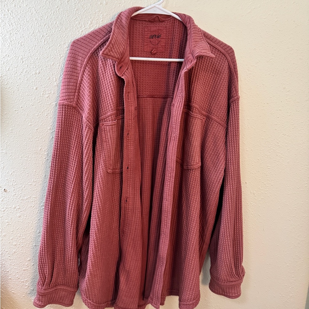Aerie Women's Pink Waffle Knit Button Down Shirt